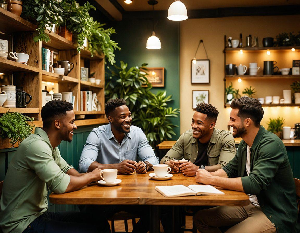 A heartwarming scene featuring a diverse group of joyful men, engaging in meaningful conversations in a cozy cafe. The atmosphere is filled with soft lighting, showcasing genuine smiles and laughter, while one man shares a story, capturing the essence of connection and joy. Incorporate elements like coffee cups, books, and plants to create a nurturing vibe. super-realistic. warm colors. inviting ambiance.