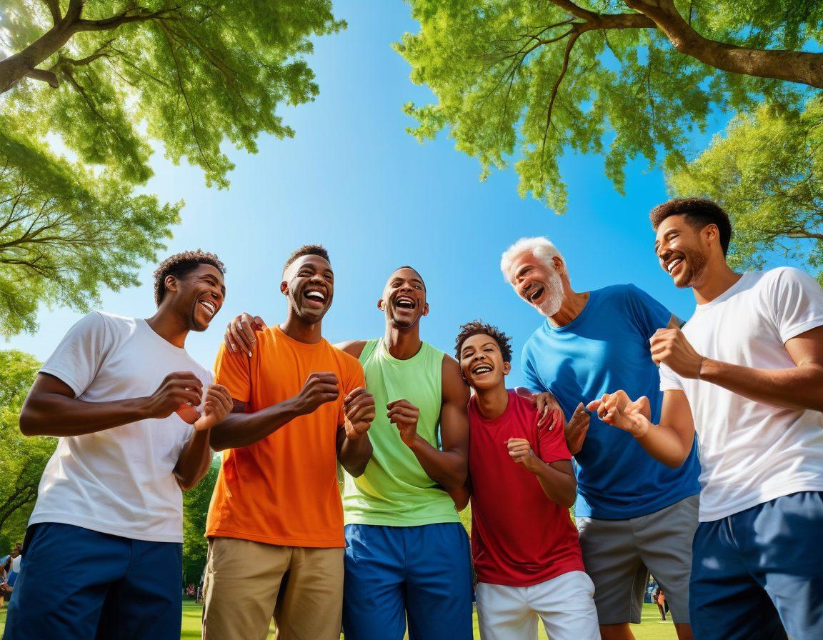 A group of diverse men of various ages and backgrounds engaged in bonding activities, such as playing sports, sharing laughter in a park, and collaborating on a community project. Include elements of nature, like trees and a sunny sky, to evoke a sense of well-being and connection. Emphasize friendship and support through their expressions. vibrant colors. super-realistic.