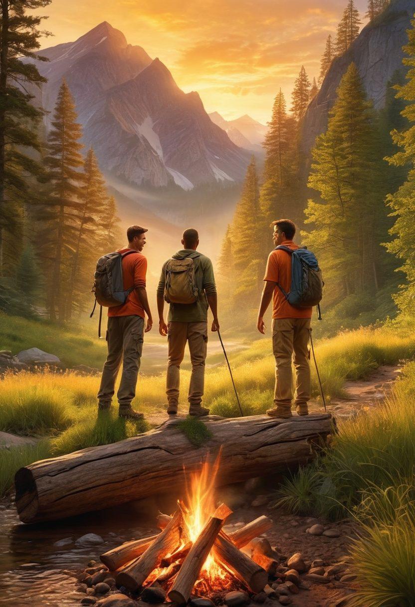 A diverse group of American men joyfully engaging in various activities together, such as hiking, playing sports, and sharing laughter around a campfire. The image should capture their expressions of happiness and strong camaraderie, highlighting the importance of brotherhood. Incorporate natural settings, like mountains and forests, to evoke a sense of adventure and connection. warm sunset lighting for a sense of warmth and positivity. super-realistic. vibrant colors.